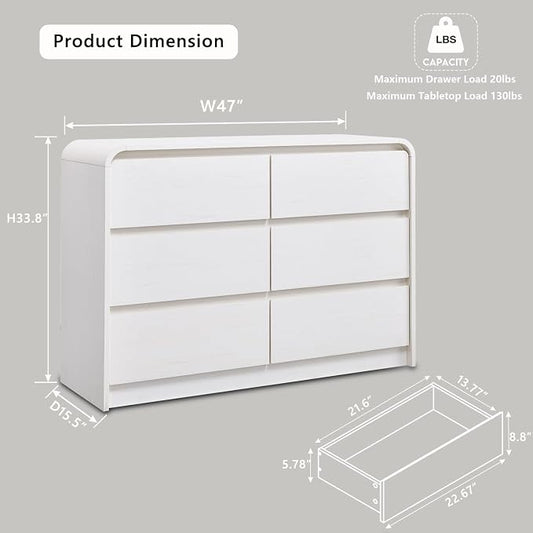 Aitjunz Modern 6 Drawers Dresser for Bedroom, 47" Wide Wood Dressers & Chests of Drawers with Curved Profile Design, Mid Century Modern Dresser for Closet for Bedroom, Living Room, Antique White
