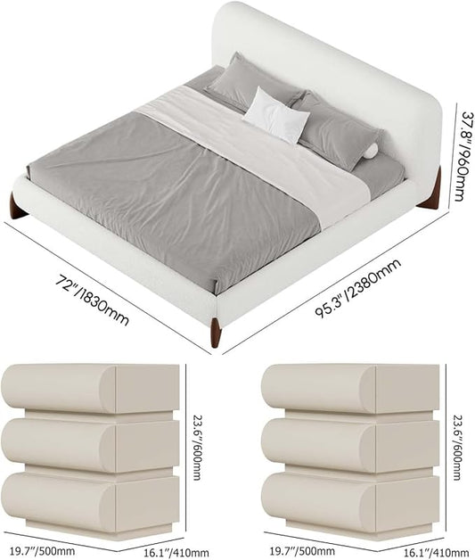 homary Queen Size Upholstered Bed Frame with 2 Three-Drawer Nightstands – Modern Bedroom Set with Wireless Charging, USB Ports, Faux Leather & Bouclé Upholstered Bed Platform with Headboard