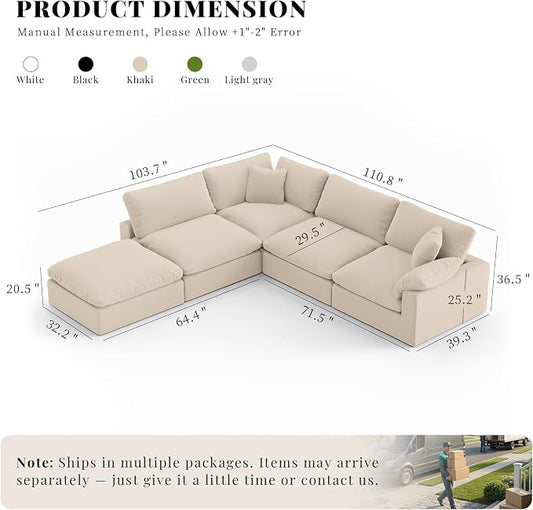 143" Cloud Modular Sectional Sofa,Khaki Down Filled Sofa 4 Seat with Chaise,Minimalist Sofa Cover Washable and Replaceable Couches for Living Room,Sectional Sofa Deep Seat