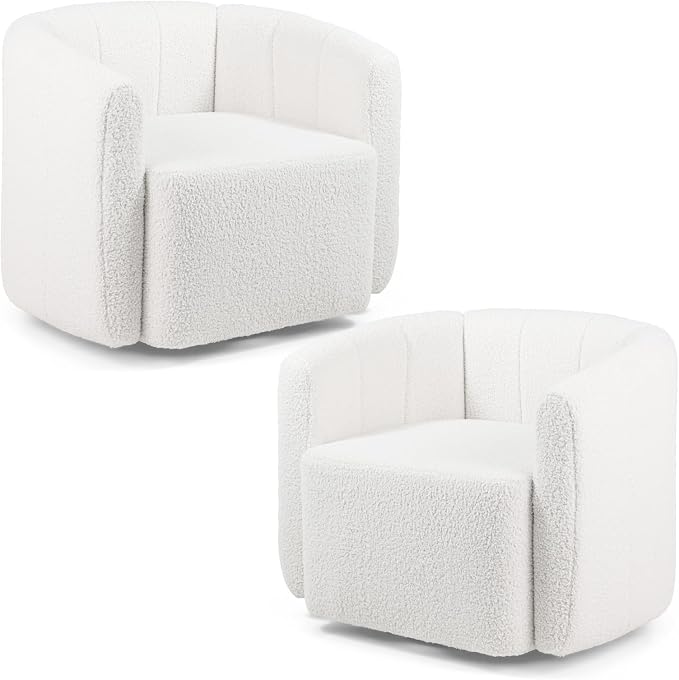 Giantex 360° Swivel Accent Chair Set of 2- Sherpa Upholstered Boucle Barrel Club Chair with Padded Armrests, Modern Round Arm Chair for Reading, Living Room, Bedroom, Office, White Teddy