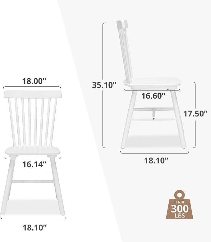 LUE BONA Windsor Dining Chairs Set of 2, Solid White Wood, Slat Back, Arm Rest, Cushion Availability