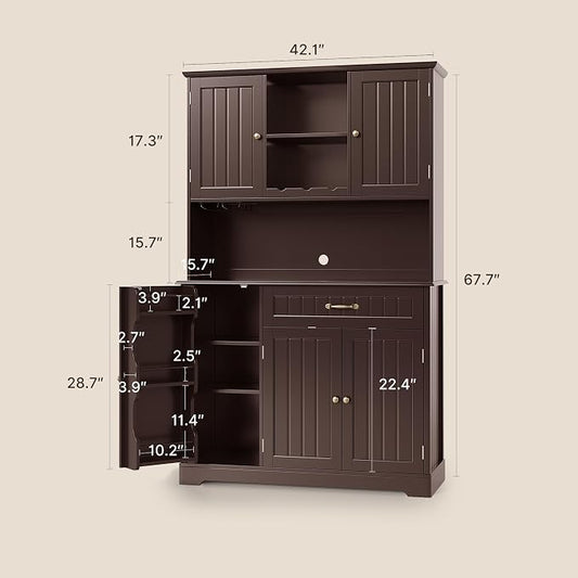 Gizoon Kitchen Hutch Cabinet Kitchen Hutch Storage Cabinet Tall Pantry Coffee Bar with Storage for Dining Room and Craft Room, Painted Dark Brown