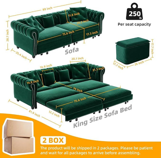 89'' Pull Out Sofa Bed King, Chesterfield Velvet Sleeper Sofa, Convertible L-Shaped Futon Couch, Tufted Back, 4 Pillows, Ottoman, Deep Seat Loveseat Couches for Living Room, Apartment, Green