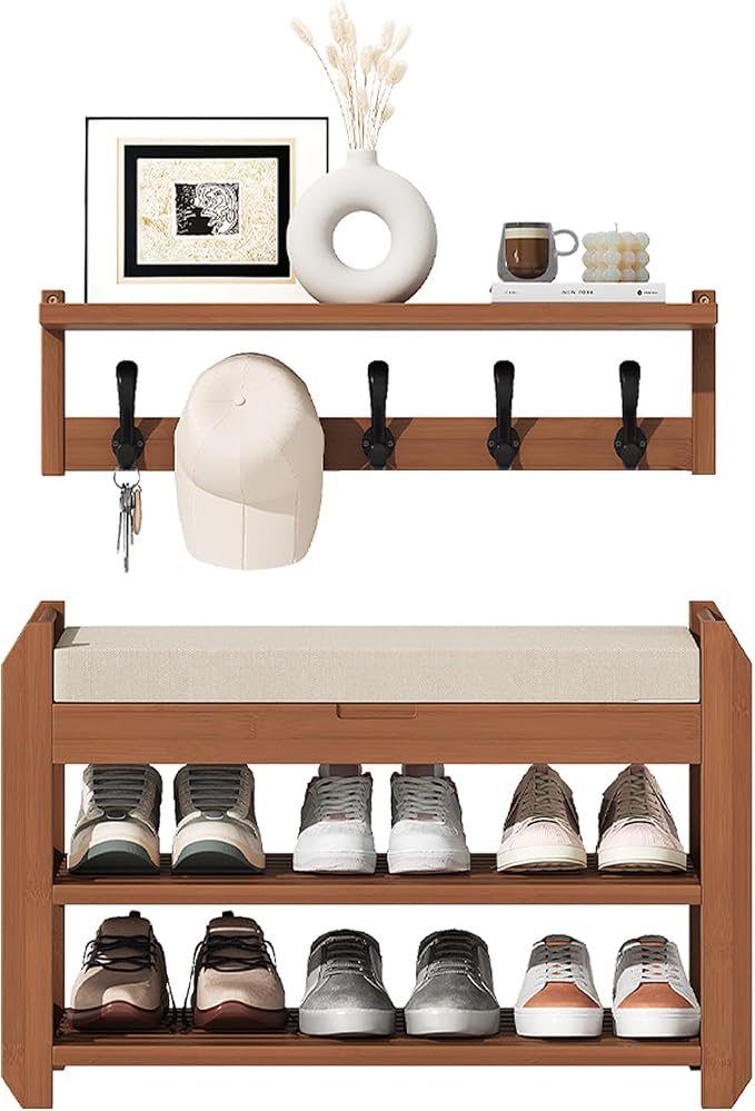 27.6" Bamboo Shoe Bench with Cushion, 5 Hooks Coat Rack, 2-Tier Storage Bench for Entryway, Heavy Duty Shoe Rack Organizer with Removable Soft Cushion for Living Room Bedroom Hallway