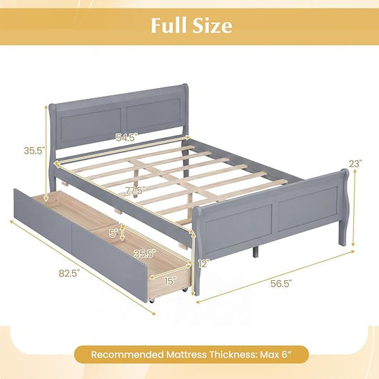 Giantex Full Bed Frame with 2 Storage Drawers, Wood Platform Bed with Headboard & Footboard, Wooden Slats Support Mattress Foundation, Sleigh Bedframe for Teens Adults, No Box Spring Needed (Grey)
