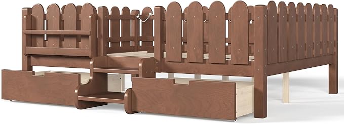 Bellemave Queen Size Montessori Bed with Stairs, Lights, Rails and Slats, Queen Size Montessori Floor Bed with Bookshelf and 2 Storage Drawers, Easy Assemble Beds Frame for Girls, Boys, Natural