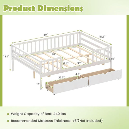 Giantex Full Kids Bed with Storage Drawers, Wood Montessori Bed with Rails & Side Shelf, Low Daybed Bed Frame for Boys Girls, No Box Spring Needed (White)