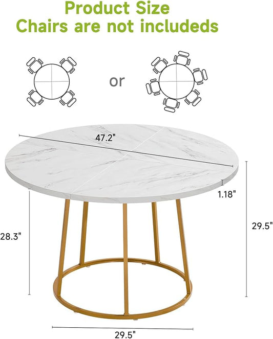 ONBRILL Round Dining Table, 47.24 Inch, Wooden Faux Marble with Gold Base, Circle Modern Small Table for Home Dining Room, Kitchen, Restaurant (White)