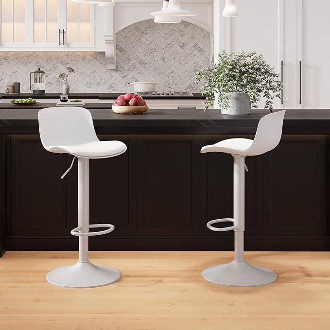 Kidol & Shellder Bar Stools Set of 4 Adjustable Swivel Counter Height Stools, Modern PU Leather Upholstered with Back Solid Color Barstools for Kitchen Island White