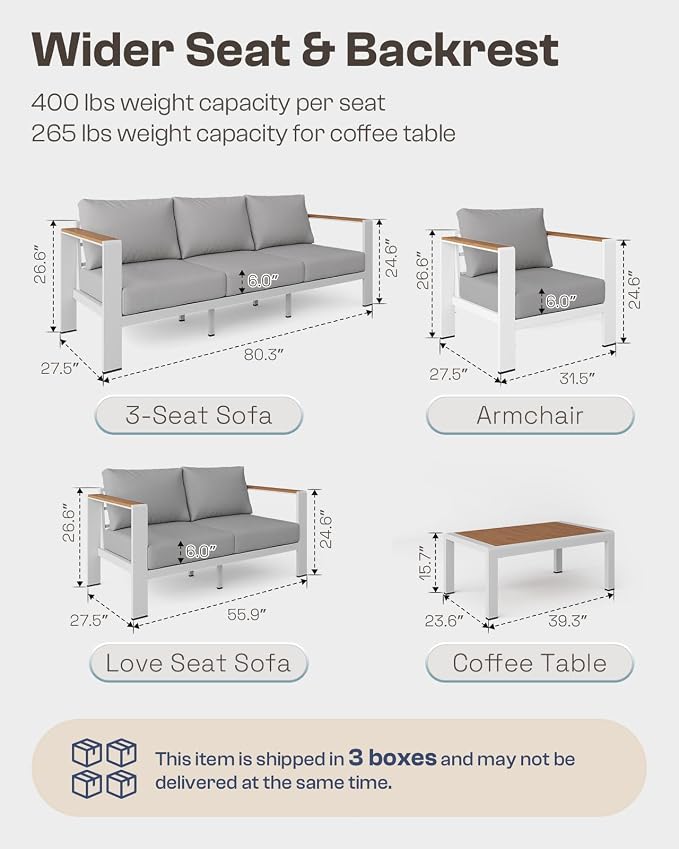 Aluminum Outdoor Patio Furniture Armchair, All-Weather Outdoor Patio Sofa with Washable Thick Cushion, Patio Sofa Couch Set of 2 for Porch, Balcony, Deck, Yard, White