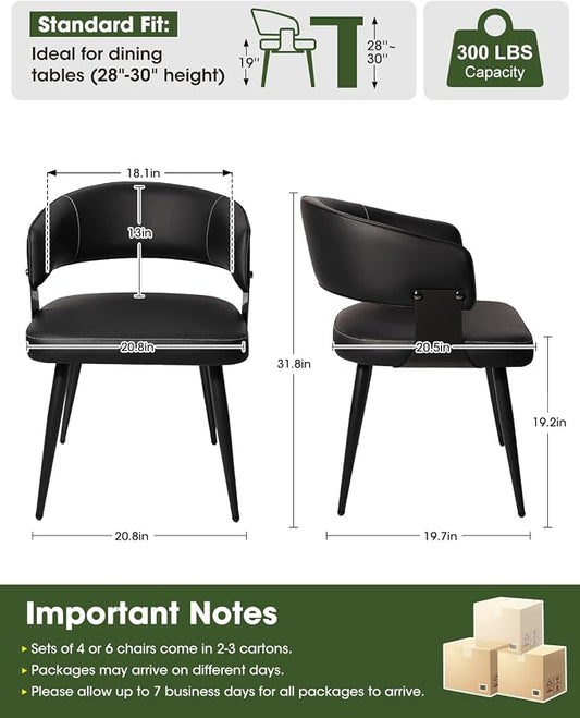 Dining Chairs Set of 6, Modern Upholstered PU Leather Kitchen & Dining Room Chairs with Curved Open Back Meatl Legs, Kitchen Chairs for Dining Room Restaurant (Black, Set of 6)