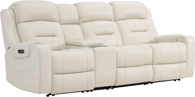 Watson & Whitely Genuine Leather Power Recliner Sofa, Lay Flat Reclining Sofa with Storage Console, Power Headrest & Cup Holders, 3 Seater Electric Reclining Couch for Living Room, Cream