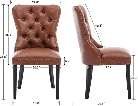 EALSON Modern Dining Chairs Set of 8 Mid Century Leather Dining Room Chairs with Wood Legs Tufted Upholstered Kitchen Side Chairs with Nail Head Trim for Dining Room/Living Room, Brown with Ring