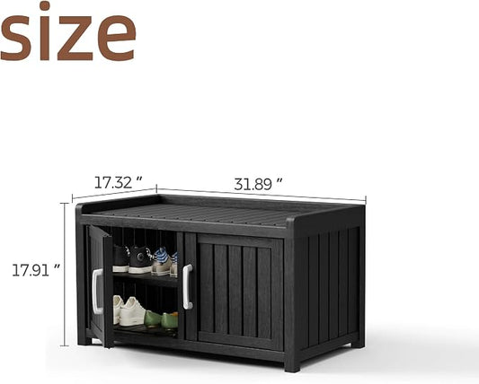 2-Tier Storage Bench, 2 Doors Waterproof Resin Shoe Bench with Adjustable Shelves - Entryway Bench with Seating, Indoor & Outdoor Use for Bedroom, Hallway, Living Room, Black