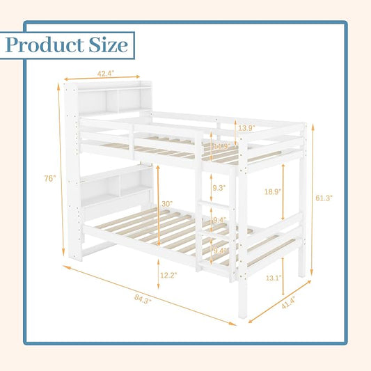 Twin Over Twin Bunk Bed with Storage Bookcase Headboard for Kids Boys Girls Teens, Rubber Wood Bunk Beds Frame with Storage Shelves, Can Be Separated into 2 Platform Beds, White