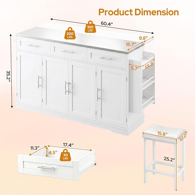 Concho 71'' Kitchen Island with Seating and Stainless Steel Countertop, Rolling Kitchen Carts on Wheels with Folding Drop Leaf, Bar Stool, Power Outlet, Spice/Towel Rack, White