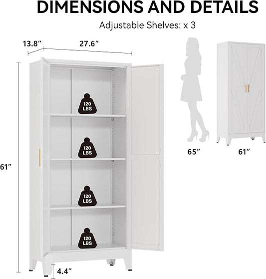 COFaR 61" Metal Pantry Cabinet with Adjustable Shelves, White Storage Cabinet with Doors and Shelves, Sturdy Freestanding Cupboard for Kitchen Pantry, Bathroom Storage, Living Room & Office