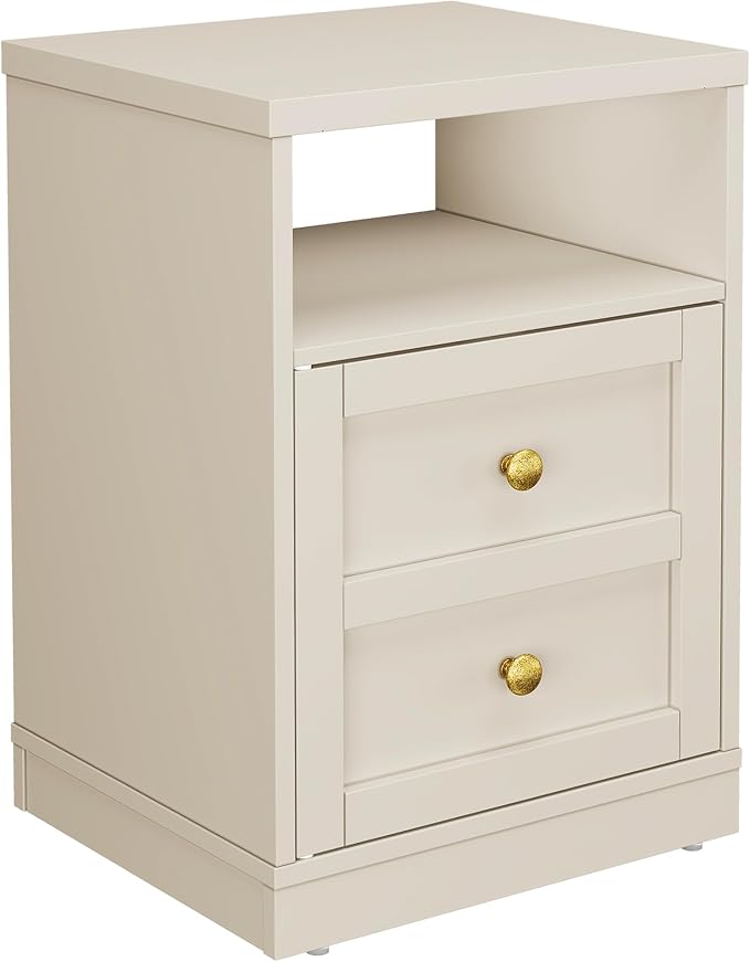 RoyalCraft Beige Nightstand with Storage Shelf and Door, Faux Two-Drawer Design Side Table, Modern Night Stand for Bedroom Dorm, Wood End Table for Small Spaces