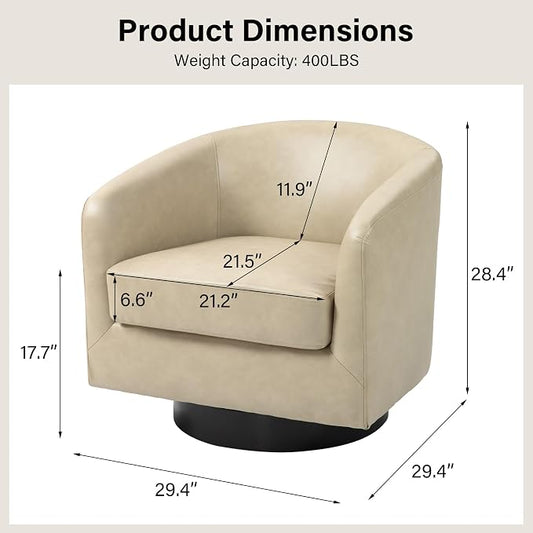 Swivel Barrel Accent Chair, Modern Round Faux Leather Arm Chair for Living Room, Bedroom, Comfy Club Reading Chairs for Adults(Faux Leather, Cream, Set of 1)