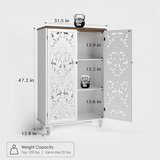 JOINICE 47" Accent Storage Cabinet with Carved Doors,White Buffet Cabinet with Solid Wood Legs & 100lbs Capacity, Farmhouse/Rustic/Boho Style for Living Room, Dining Room, Bedroom, Hallway, Study