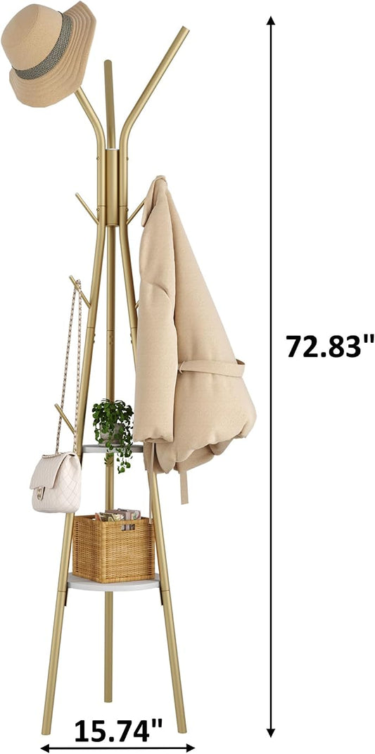 HOMEFORT Coat Rack, Coat Hanger Stand with 2 Shelves, Freestanding Hall Tree, Metal Hat Hanger with 12 Hooks for Clothes Hats and Scarves (Gold)
