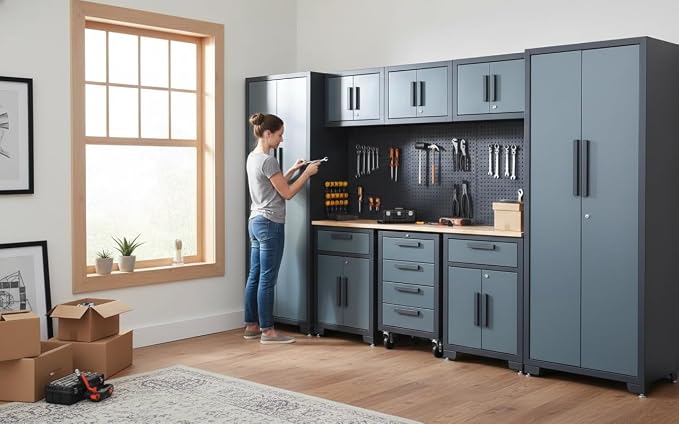 Garage Storage Cabinet System, 9PCS Tool Chest Workbench Storage System in Black, Included Steel Cabinets Drawers Rolling Chest and Pegboard,Locked Garage Storage Cabinet,Grey Handle