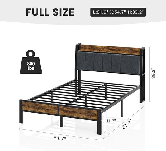 Liians Full Size Bed Frame with Smart LED Light, Wood Storage Charging Station Headboard, Metal Platform Bed, No Box Spring Required, Easy Assembly, Noise Free