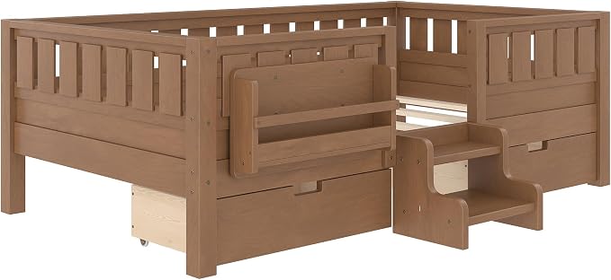 Bellemave Twin Montessori Bed with Stairs, Rails and Slats, Twin Size Montessori Floor Bed with Bookshelf and 2 Storage Drawers, Easy Assemble Beds Frame for Girls, Boys, Natural