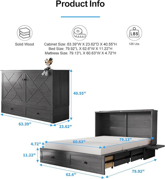 PUREMIND Queen Murphy Bed with Mattress Included, Murphy Cabinet Bed with Storage Drawer, Built-in Charging Station, Solid Wood Frame, Space-Saving Cabinet Beds for Small Spaces/Guest Room (Gray)
