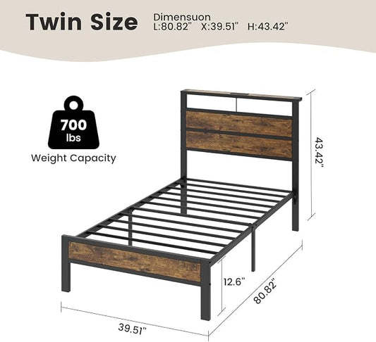 Twin Bed Frame with LED Lights & USB Charging Station, Brown Metal Platform Bed with Storage Headboard, Under-Bed Space, Noise-Free & Sturdy, No Box Spring Needed, Easy Assembly