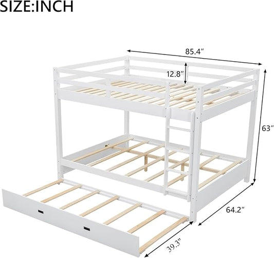 MERITLINE Queen Over Queen Bunk Bed with Twin XL Trundle, Solid Wood Bunk Bed with Ladders and Guardrails for Adults (White)