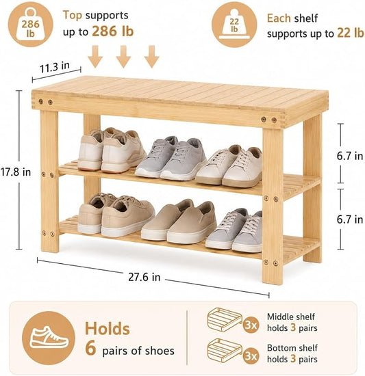 Shoe Rack Bench, 3-Tier Shoe Storage Organizer for Entryway , Shoe Shelf for Small Spaces, Multi-Functional Side Table Plant Stand, Shoe Stand for Bedroom, Living Room, Closet, Front Door, Natural