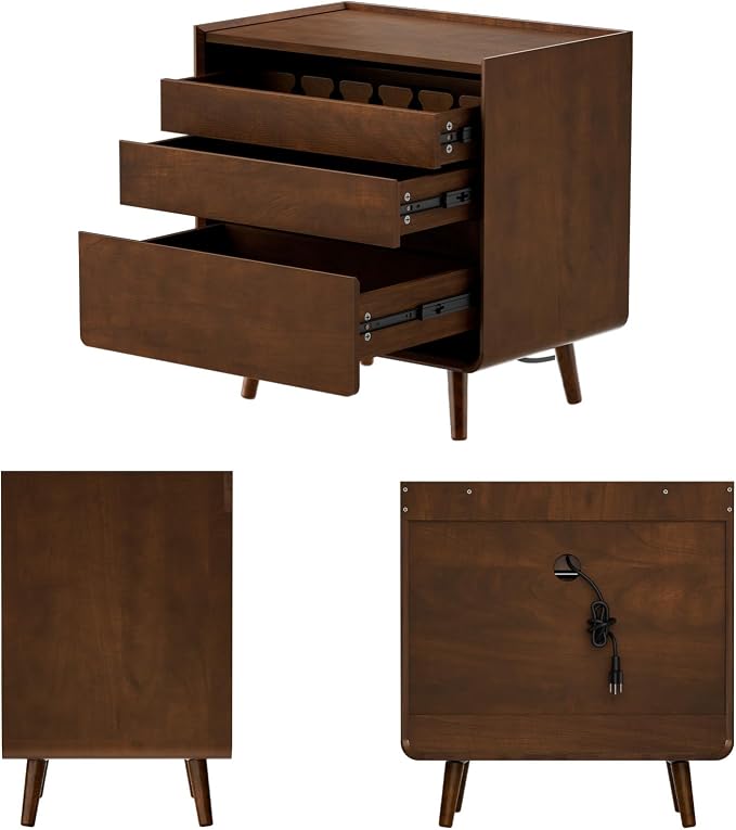 25.43" Walnut Finish Nightstand with Charging Station Mid Century Modern Night Stand with Leg Wood Bedside Table with Drawers Nightstand for Bedroom Dorm