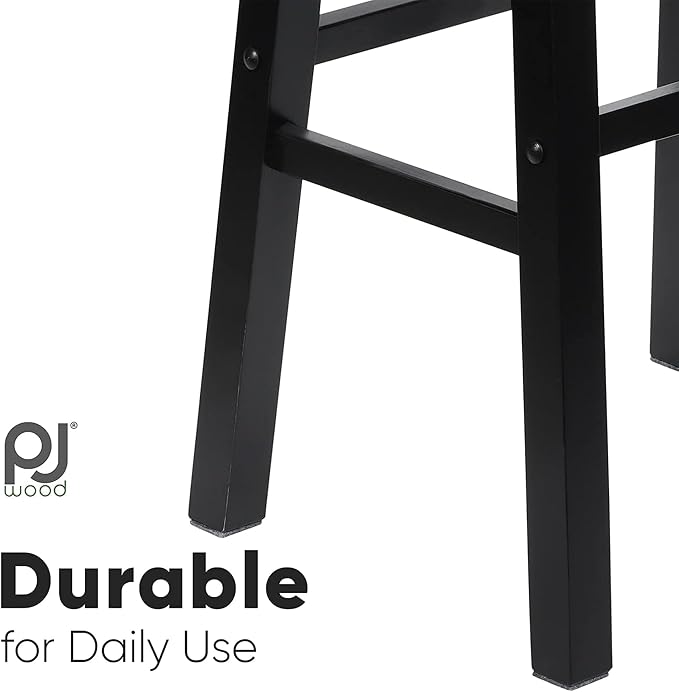 PJ Wood Classic Saddle-Seat 24'' Tall Kitchen Counter Stool for Homes, Dining Spaces, and Bars with Backless Seat, 4 Square Legs, Black (5 Pack)