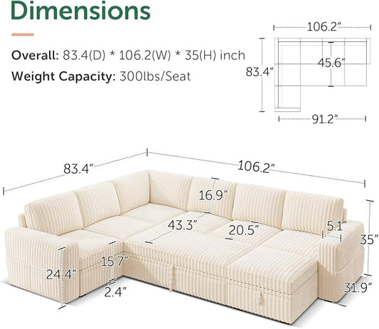 HONBAY Modular Sectional Sleeper Sofa with Pull Out Bed,Corduroy U Shaped Couch with Storage, Sectional Couches for Living Room,Beige