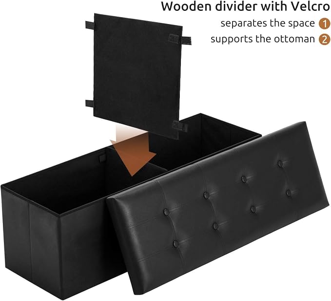 YOUDENOVA Folding Storage Ottoman, Faux Leather Ottoman Bench Footrest Ottoman, Storage Chest Padded Seat for Bedroom and Living Room, Black,15" D x 43" W x 15" H