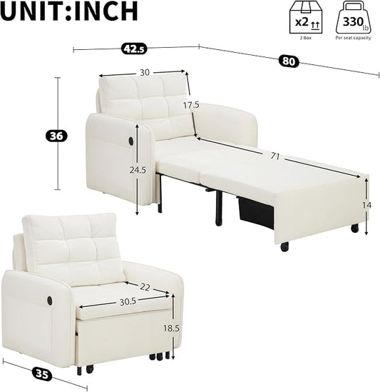 ERYE Modern Foldable Chair Sofa Convertible Pull Out Sleeper Sofabed,Single Seat Tufted Upholstered Sofa Convertible Chaise Lounge Bed with USB-Ports and Side Pockets