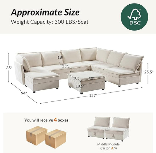 HULALA HOME Modular Sectional Sofa, Oversized 8 Seat U Shaped Couch with Storage Ottoman, Comfy Chenille Sofa with Deep Seat, Convertible Sectional Couches for Living Room, Beige