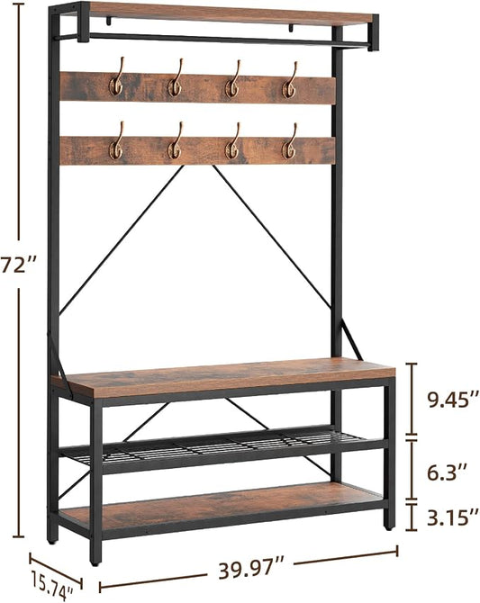 Amyove Large Coat Rack Shoe Bench Hall Tree Shoe Rack for Entryway 3-Tier Storage Shelf and Hooks Removable Industrial Accent Furniture Metal Frame 39.9"x15.7"x72"