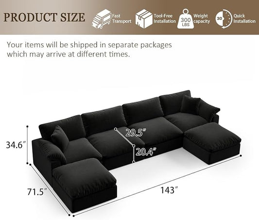 Modern Modular Sectional Sofa U-Shaped 6-Seat with Ottoman,Black-Extra Comfty Deep Seat Couch for Living Room,Apartment,Office & Small Spaces
