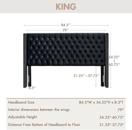 Madison Park King Wingback Upholstered Tufted Headboard, Featuring High-Density Sponge Padding, Adjustable Height Headboard, Easy Assembly, Black Velvet