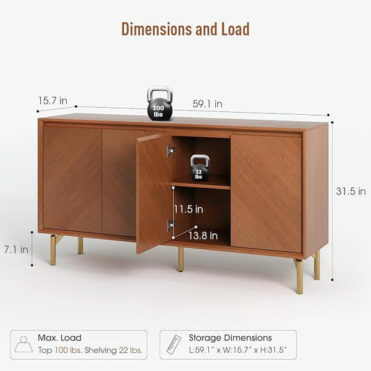 JOINICE 59" Sideboard Buffet Cabinet with Storage for Dining Room,Walnut | Adjustable Shelf,Versatile Credenza for Dining Room,Metal Legs, Living, Kitchen Coffee Bar and Entryway Console