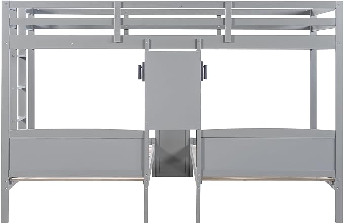 VilroCaz Twin Over Twin & Twin Bunk Bed with Built-in Desk and Storage Shelves, 3 Beds in 1 Design Solid Wood Triple Bunk Bed with Reading Lamp and Guardrails for Kids Teens Aldults (Gray-2.14)