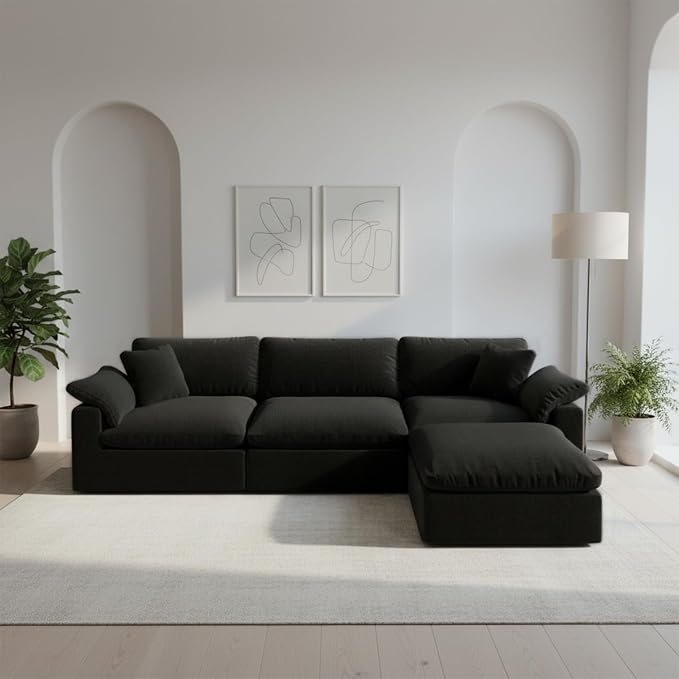 Modular Sectional Sofa Cloud Couch,Down Filled Comfy Cloud Modern Sofa,Black Linen L Shape Oversized Couch Cushion Covers Removable Furniture for Living Room