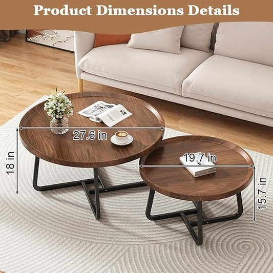 Round Nesting Coffee Table Set of 2, 28" Round Walnut with Fluted,Mid Century Modern,Center for Living Room Bedroom Office Balcony Yard