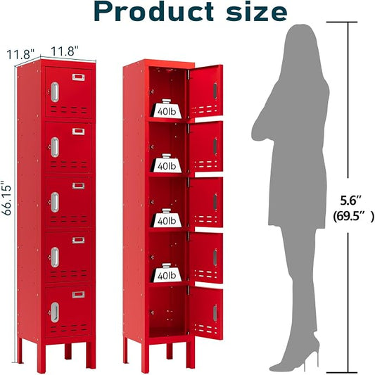 BUTISOW Metal Lockers - 66" Height Steel Lockers for Employees with 5 Door Storage Locker with Card Slot for Employees Gym School Home Office Garage - Assembly Required