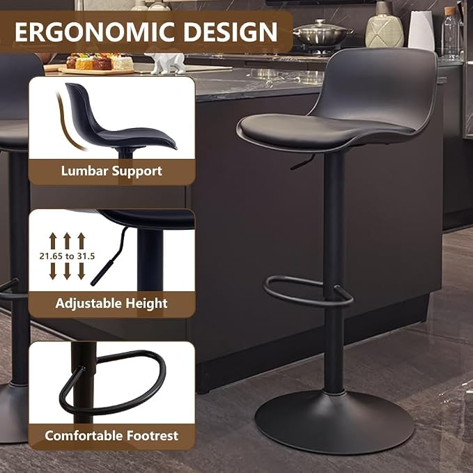 Kidol & Shellder Bar Stools Set of 4 Adjustable Swivel Counter Height Stools, Modern PU Leather Upholstered with Back Solid Color Barstools for Kitchen Island Black