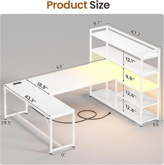 SEDETA L Shaped Computer Desk, 63” Reversible Office Desk or Corner Desk with Storage Shelves, White Gaming Desk with LED Lights, Power Outlet