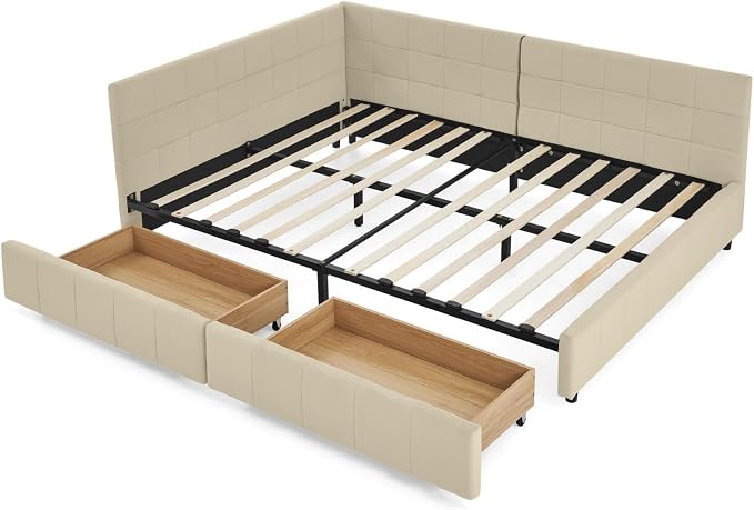 KEIKI Full Size L Shape Corner Bed Frames with 2 Storage Drawer, Backrest and Armrests, Velvet Upholstered Sofa Daybed for Small Room, Living Room, Bedroom, Guest Room, Kids' Room