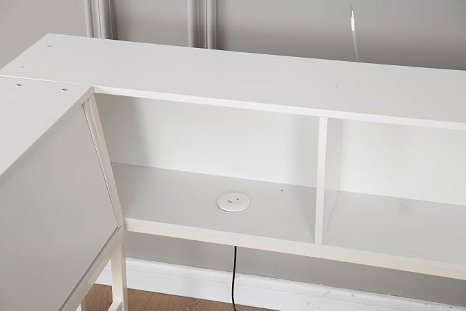 Bellemave Twin Corner Bed Frame with Desk and Storage, Twin Captains Bed with Charging Station and LED Light, Wood Daybeds with L-Shaped Bookcase, White